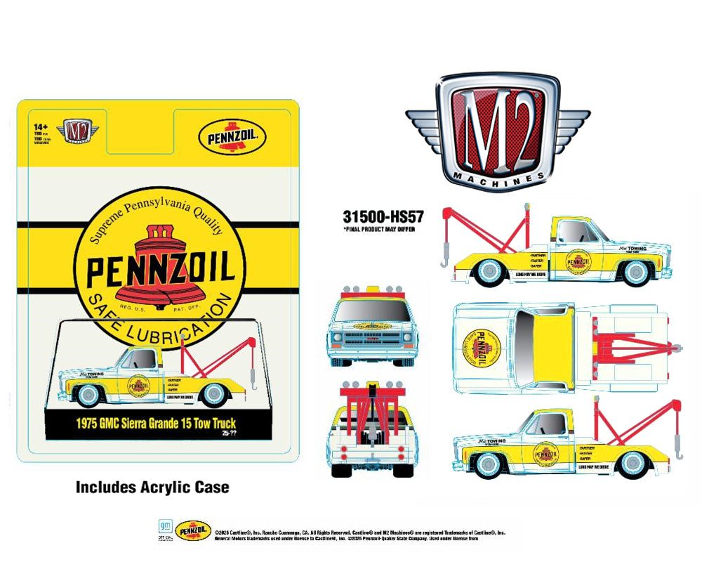 M2 Machines 1975 GMC Sierra Grande 15 Tow Truck Pennzoil Yellow Hobby Exclusive HS57 Preorder