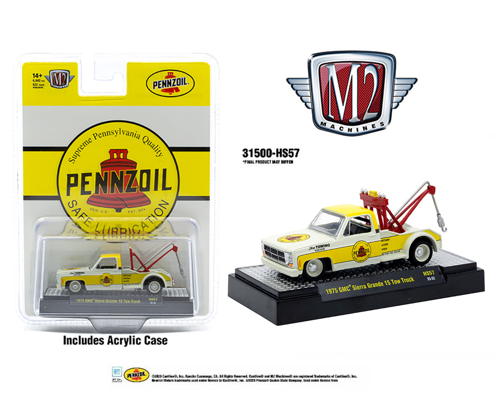 M2 Machines 1975 GMC Sierra Grande 15 Tow Truck Pennzoil Yellow Hobby Exclusive HS57 25-22