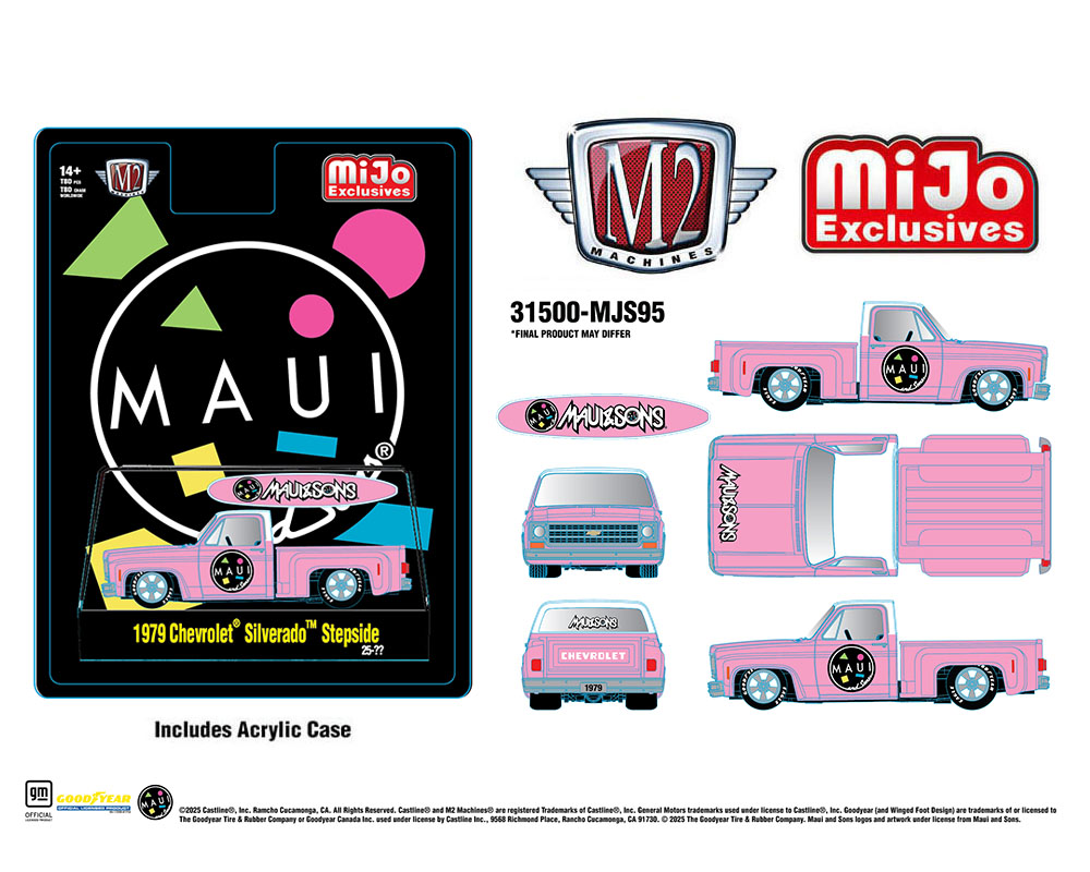 M2 Machines 1979 Chevrolet Silverado Stepside with Surfboard Maui & Son Pink MJS95 Preorder