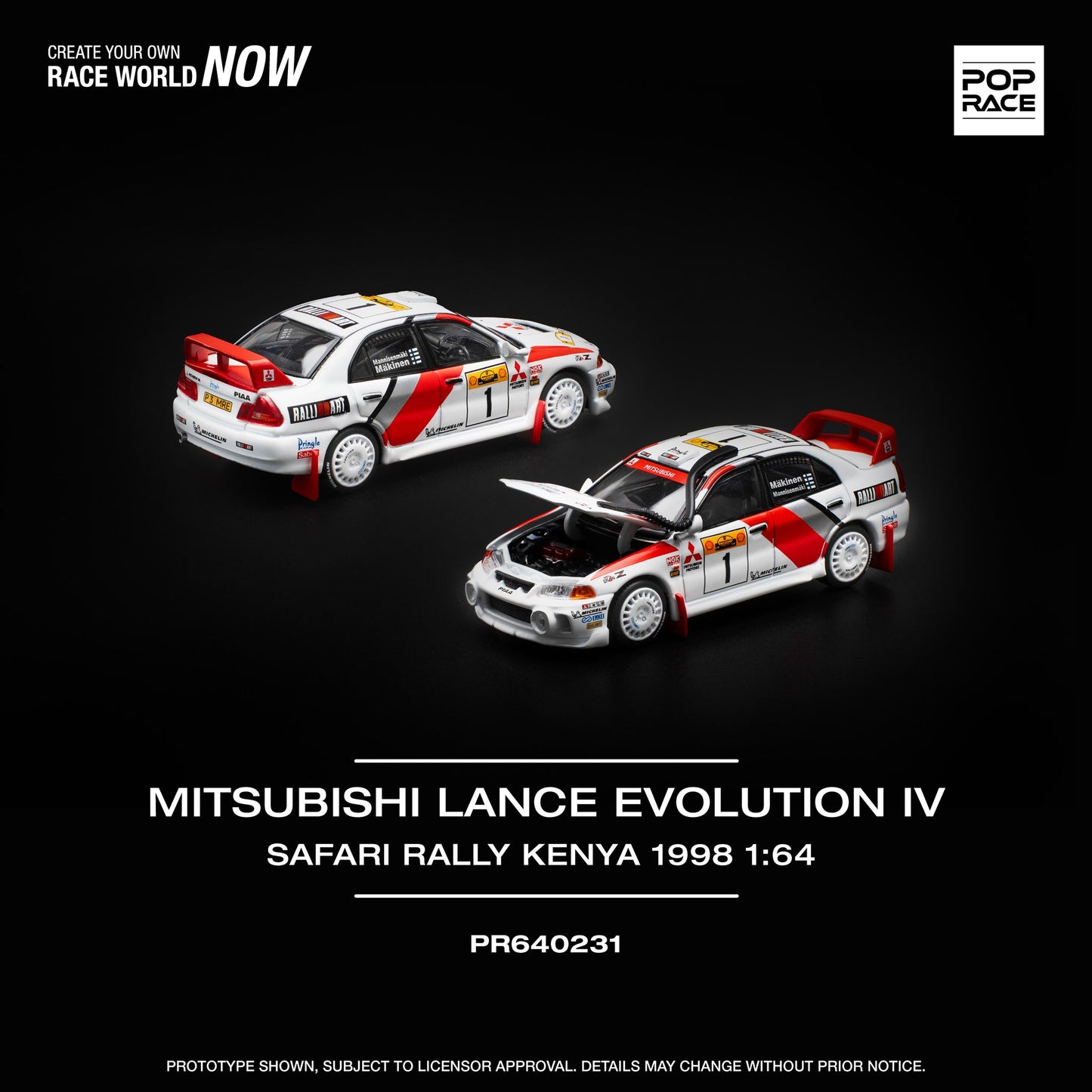 Pop Race Mitsubishi Lancer Evolution IV Safari Rally Kenya 1997 White Red PR64-231