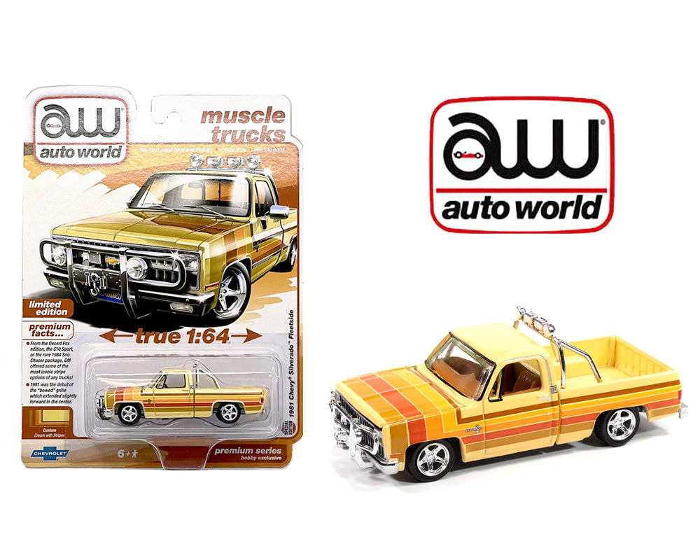 Auto World 1981 Chevy Silverado Fleetside Custom Lowered Cream with Stripes
