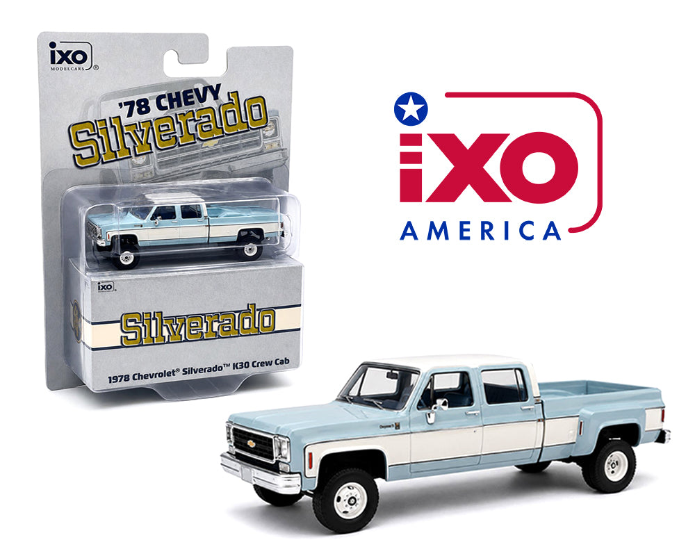 IXO Models 1978 Chevrolet Silverado K30 Crew Cab Fleetside Lifted Blue with White