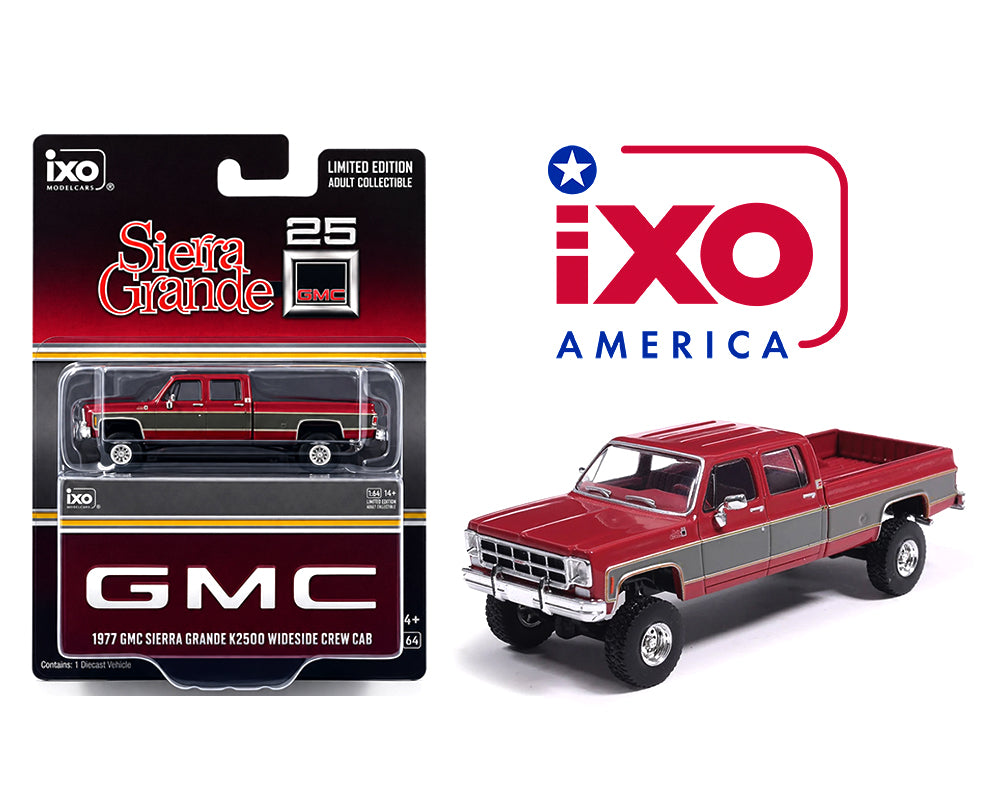 IXO Model 1977 GMC Sierra Grande K2500 Crew Cab Wideside Dark Red Metallic and Silver Special Two-Tone Lifted