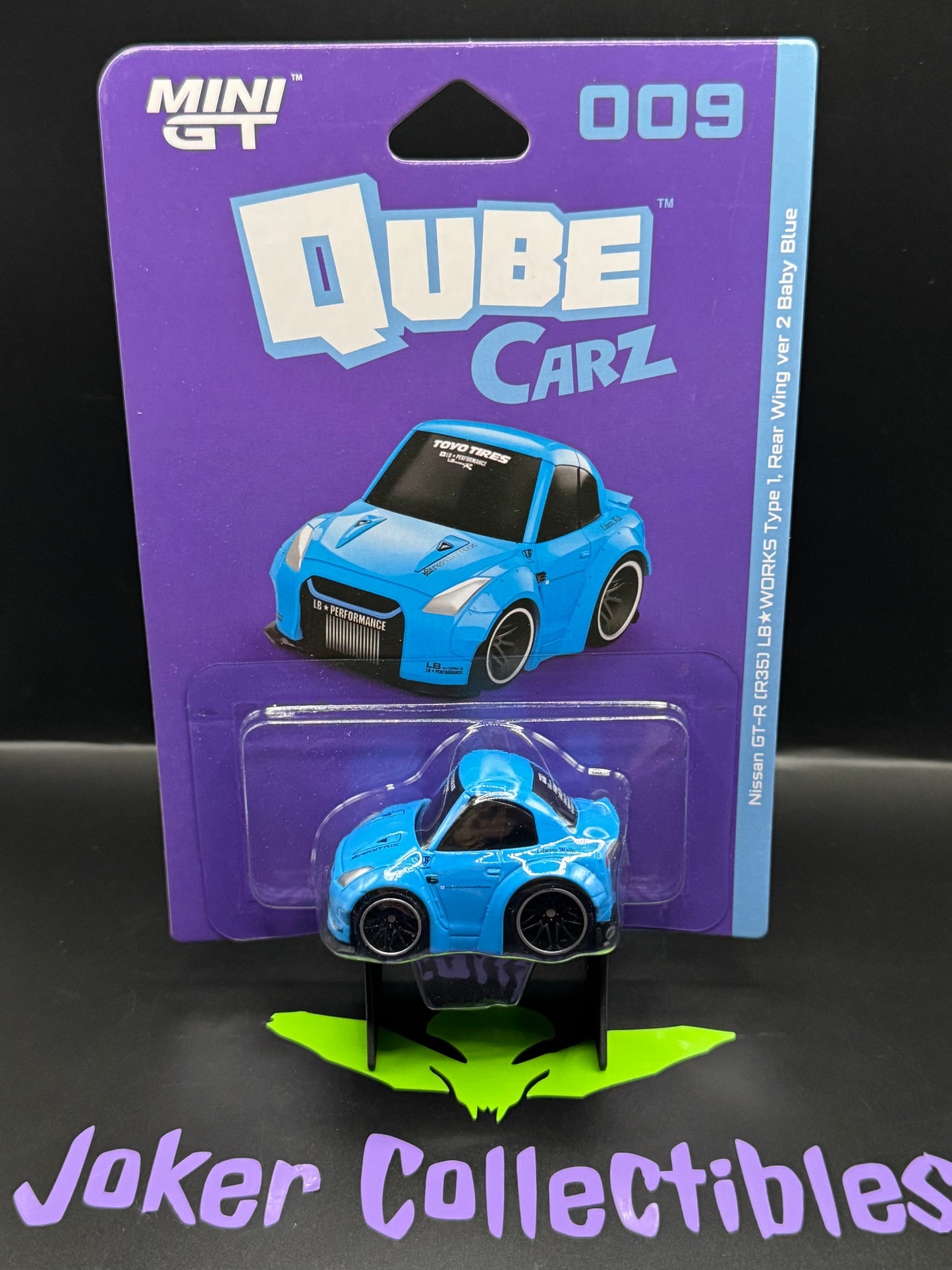 Mini GT Qube Carz Series 2 Liberty Walk 2007 Nissan GT-R R35 LB WORKS Type 1 Rear Wing ver 2 Baby Blue 009