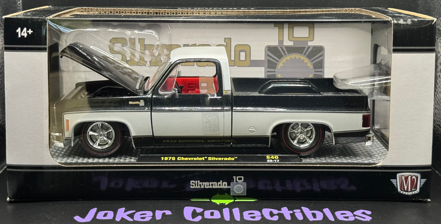 M2 Machines 1:24 Scale White Black Red 1975 Chevrolet Silverado S40 23-17