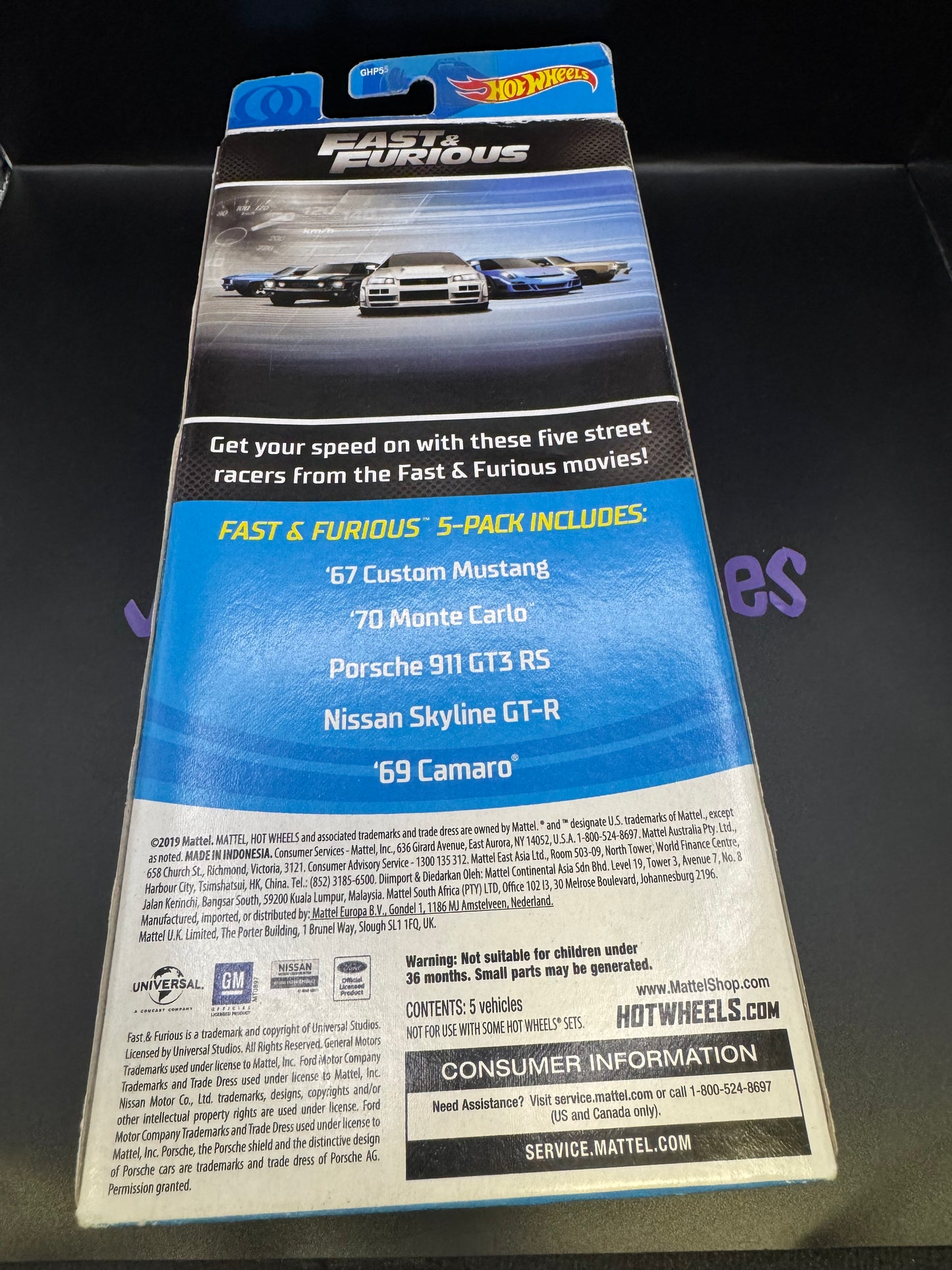 Hot Wheels 5 Pack Fast & Furious Mustang, Monte Carlo, Porsche 911 GT3, Skyline, Camaro