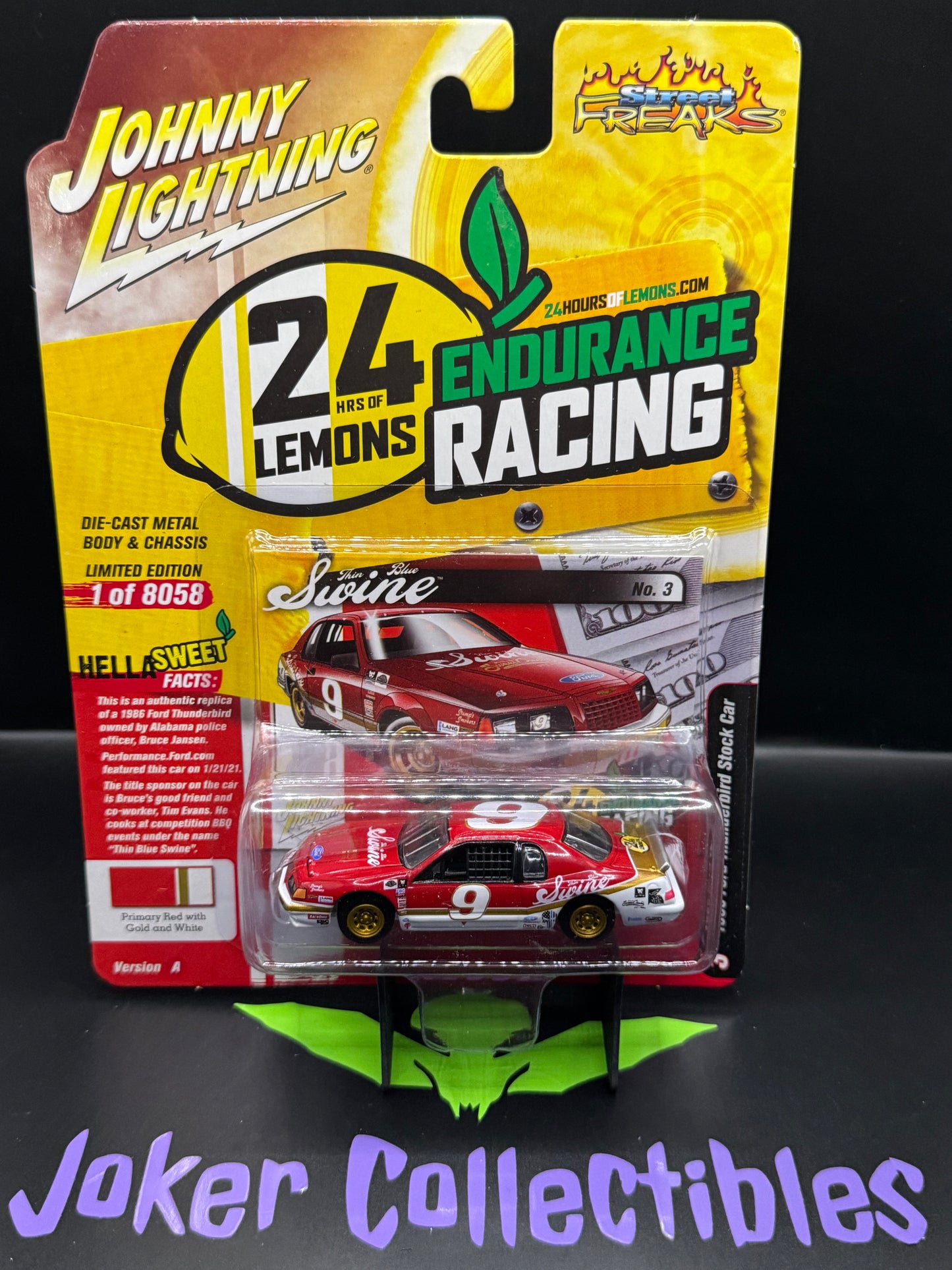 Johnny Lightning Street Freaks 24 Hrs of Lemons 1986 Ford Thunderbird Stock Car #3 Primary Red with Gold and White