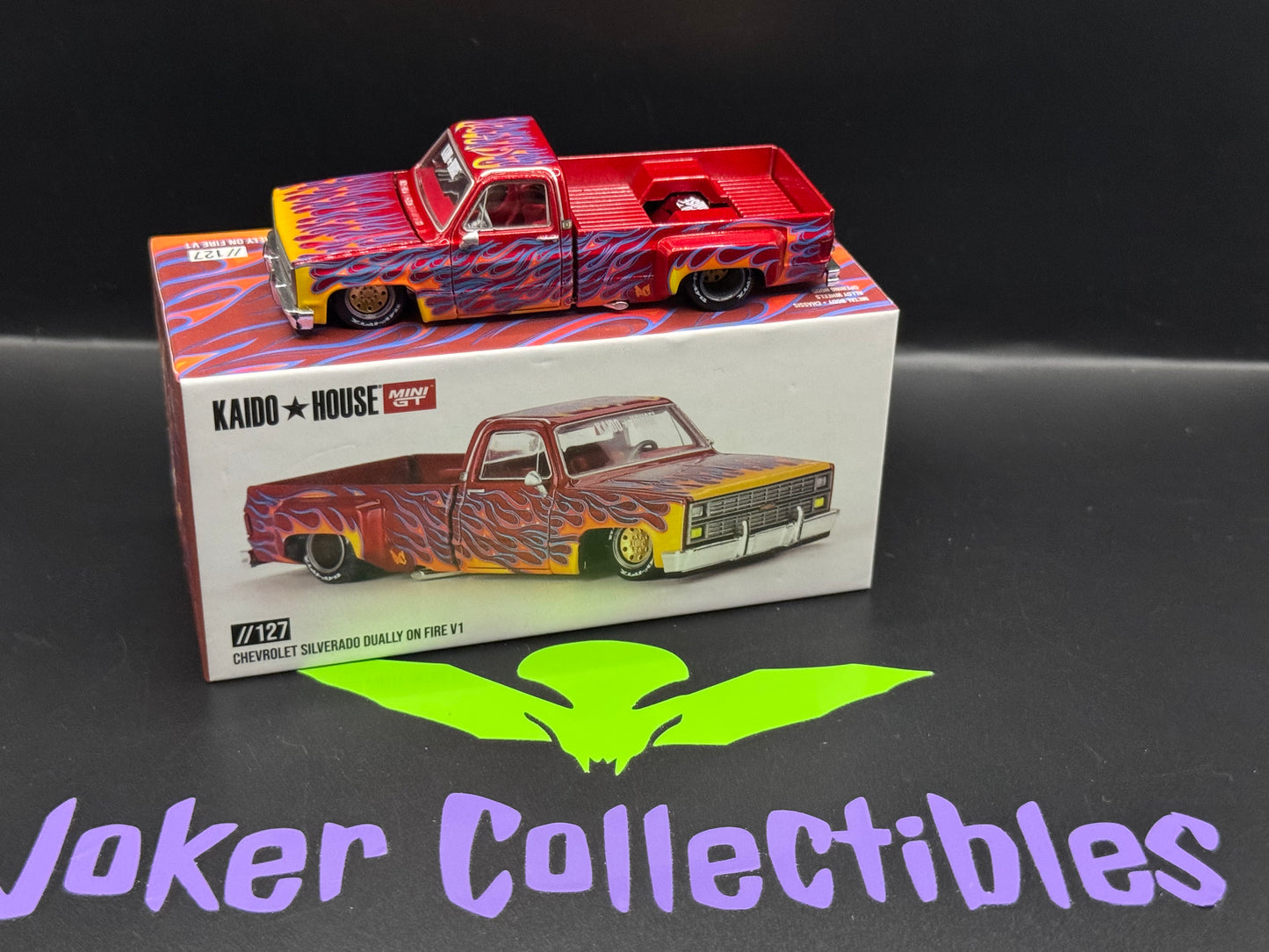 New Open Box Kaido House Chevrolet Silverado Dually on Fire V1 Red with Flames KHMG127