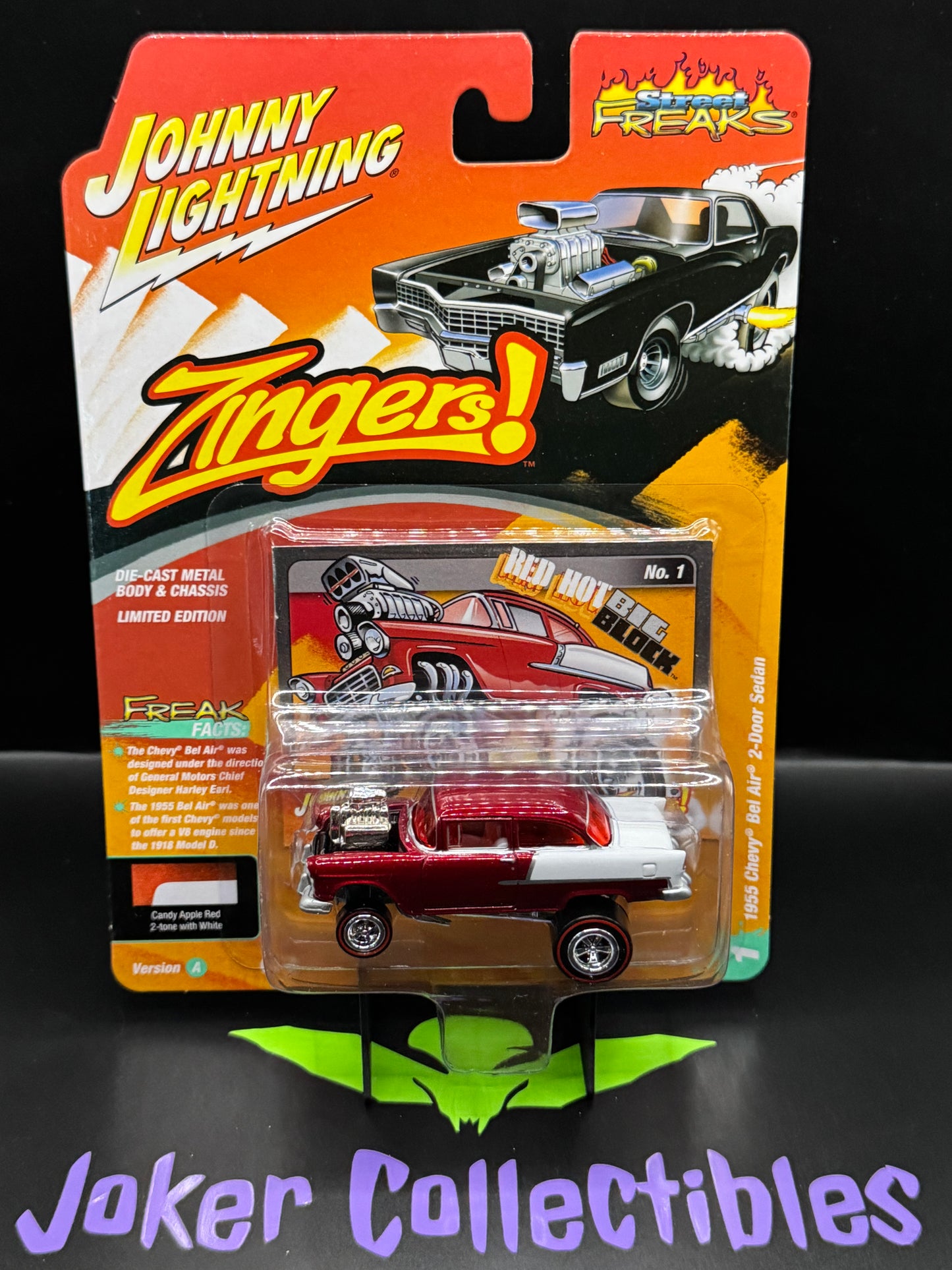 Johnny Lightning Street Freaks Zingers! Red Hot Big Block 1955 Chevy Bel Air 2-Door Sedan Candy Apple Red 2-tone with White #1