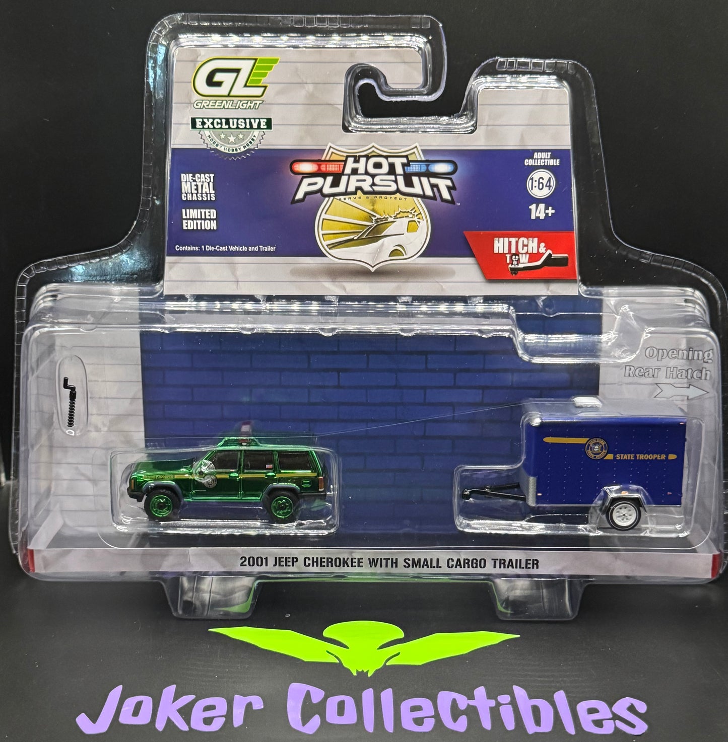 Greenlight Series 1 Hitch & Tow Hot Pursuit Green Machine Chase Greenie 2001 Jeep Cherokee with Small Cargo Trailer New York State Police Hobby Exclusive