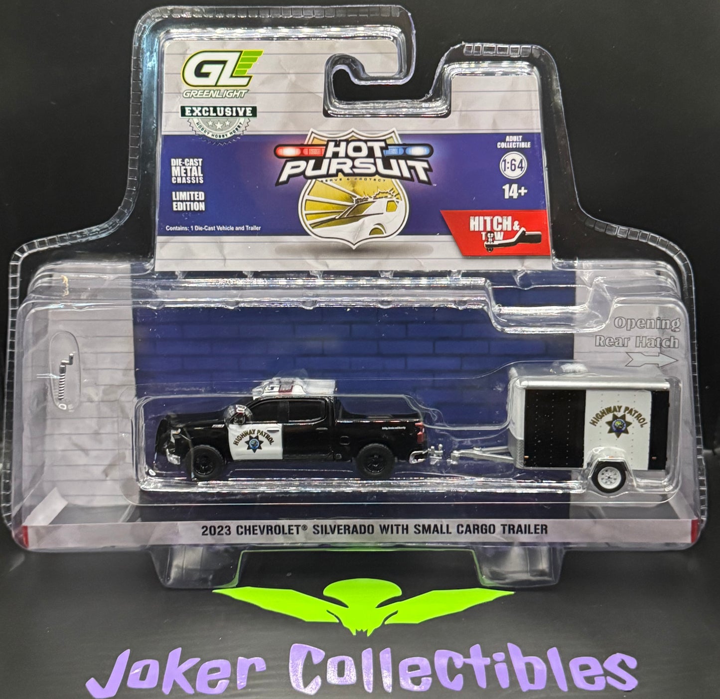Greenlight Series 1 Hitch & Tow Hot Pursuit 2023 Chevrolet Silverado with Small Cargo Trailer California Highway Patrol Hubby Exclusive