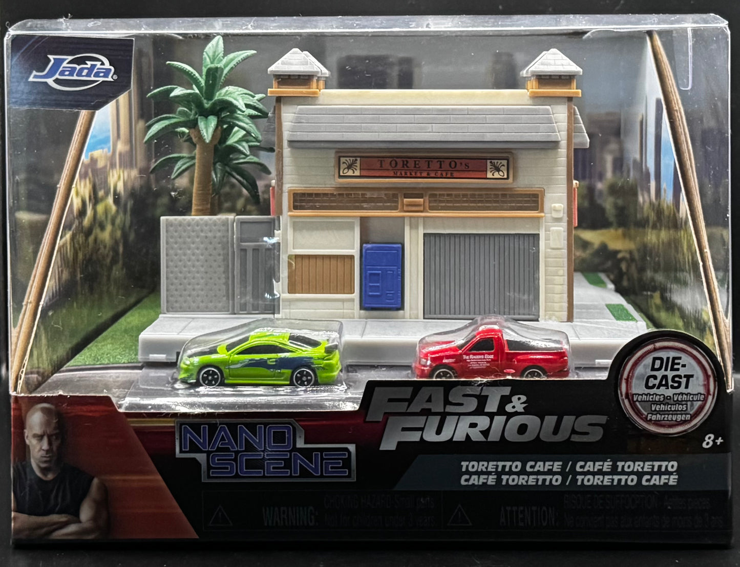 Jada Fast & Furious Nano Scene Toretto Cafe with Brian's Eclipse and Lightning