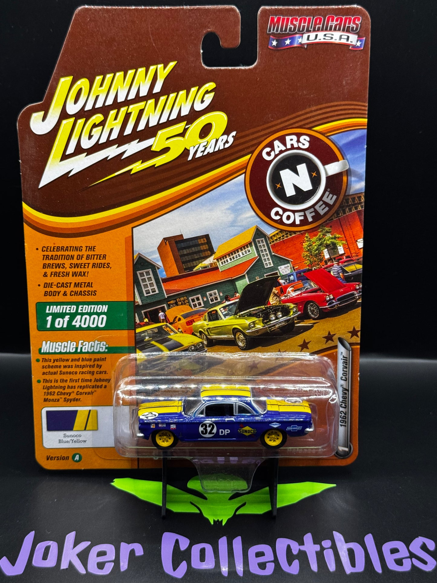 Johnny Lightning 50 Years Muscle Cars U.S.A. Cars N Coffee 1962 Chevy Corvair Sunoco Blue/Yellow #1