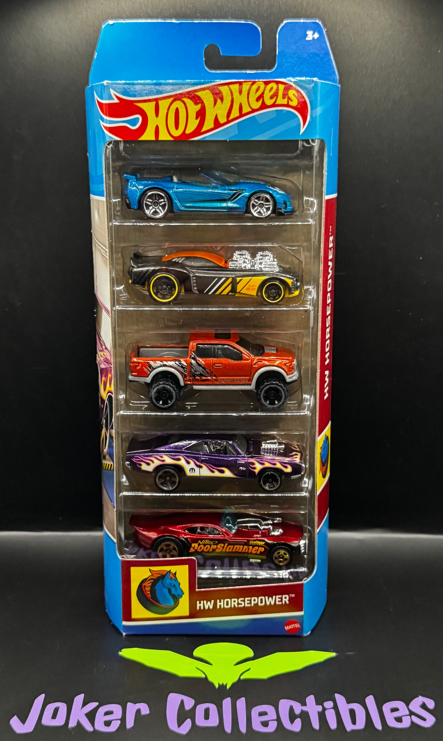 Hot Wheels 2022 5 Pack HW Horsepower '19 Corvette ZR1 Convertible, Rodger Dodger 2.0, '17 Ford F-150 Raptor, '70 Dodge Charger R/T, & Nitro Doorslammer