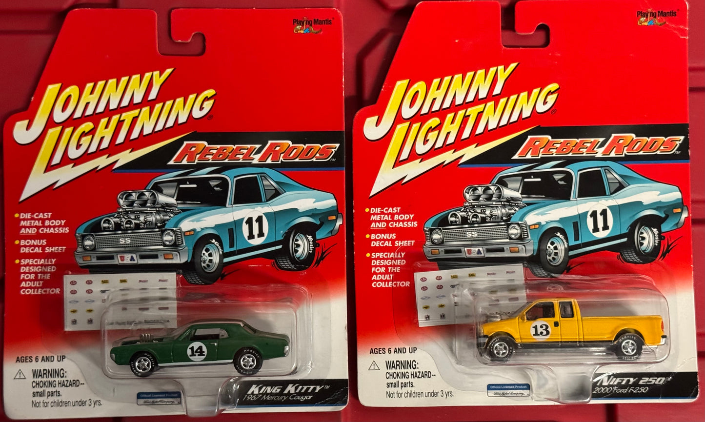 Johnny Lightning King Kitty 1967 Mercury Cougar Nifty 250 2000 Ford F-250 Rebel Rods