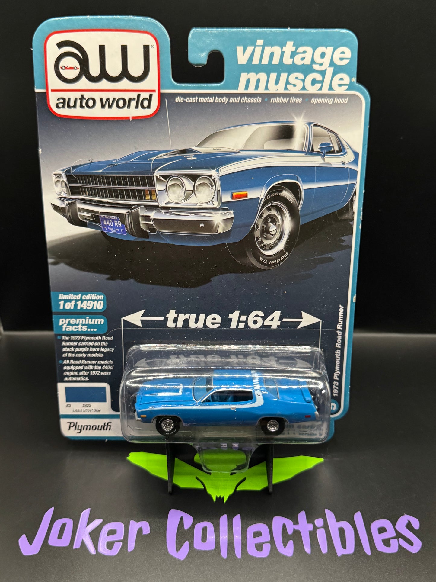 Auto World Vintage Muscle 1973 Plymouth Road Runner Basin Street Blue # 5