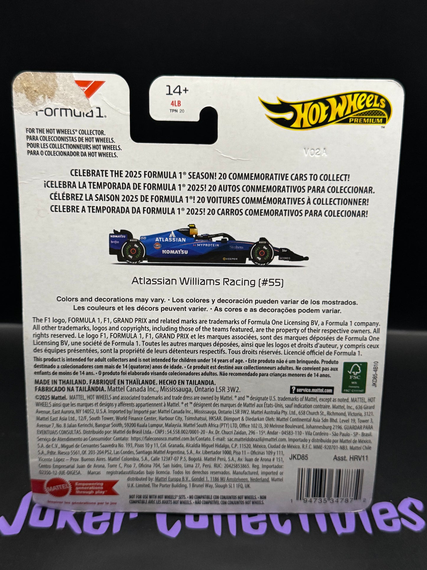 Bad Card Hot Wheels Premium 2025 F1 Formula One Atlassian Williams Racing # 55 - sticker