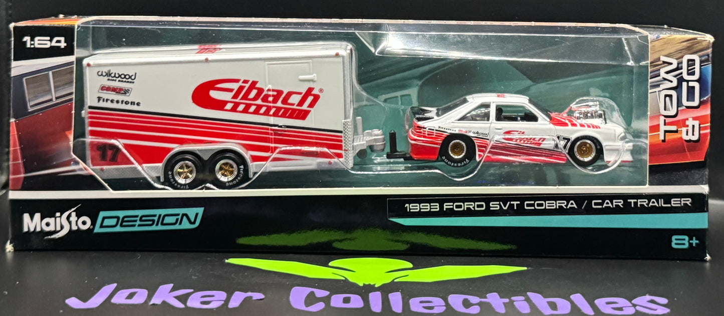 Maisto Design Tow & Go Eibach 1993 Ford SVT Cobra & Car Trailer White & Red