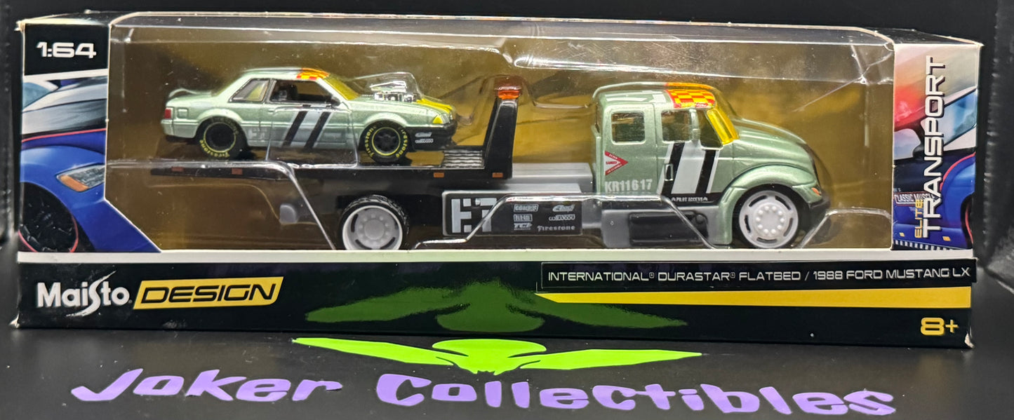 Maisto Design Elite Transport International Durastar Flatbed & 1988 Ford Mustang LX Green