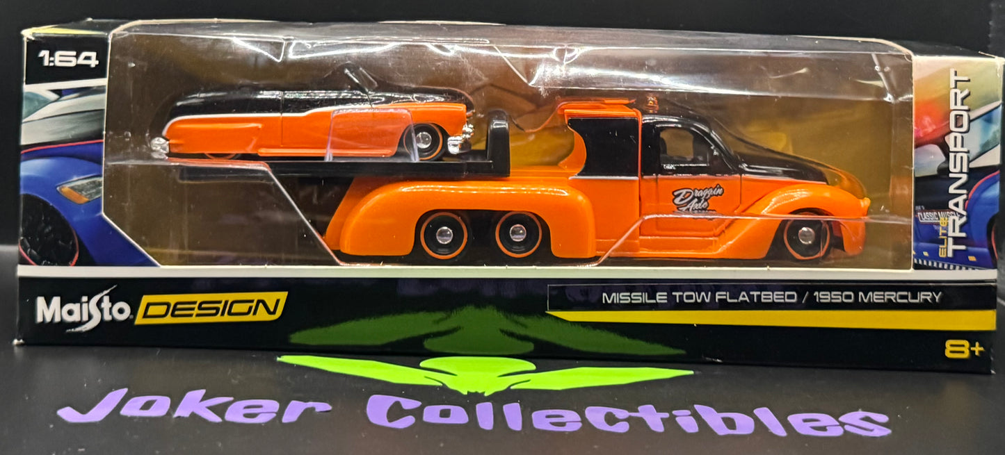 Maisto Design Elite Transport Missile Tow Flatbed & 1950 Mercury Orange & Black