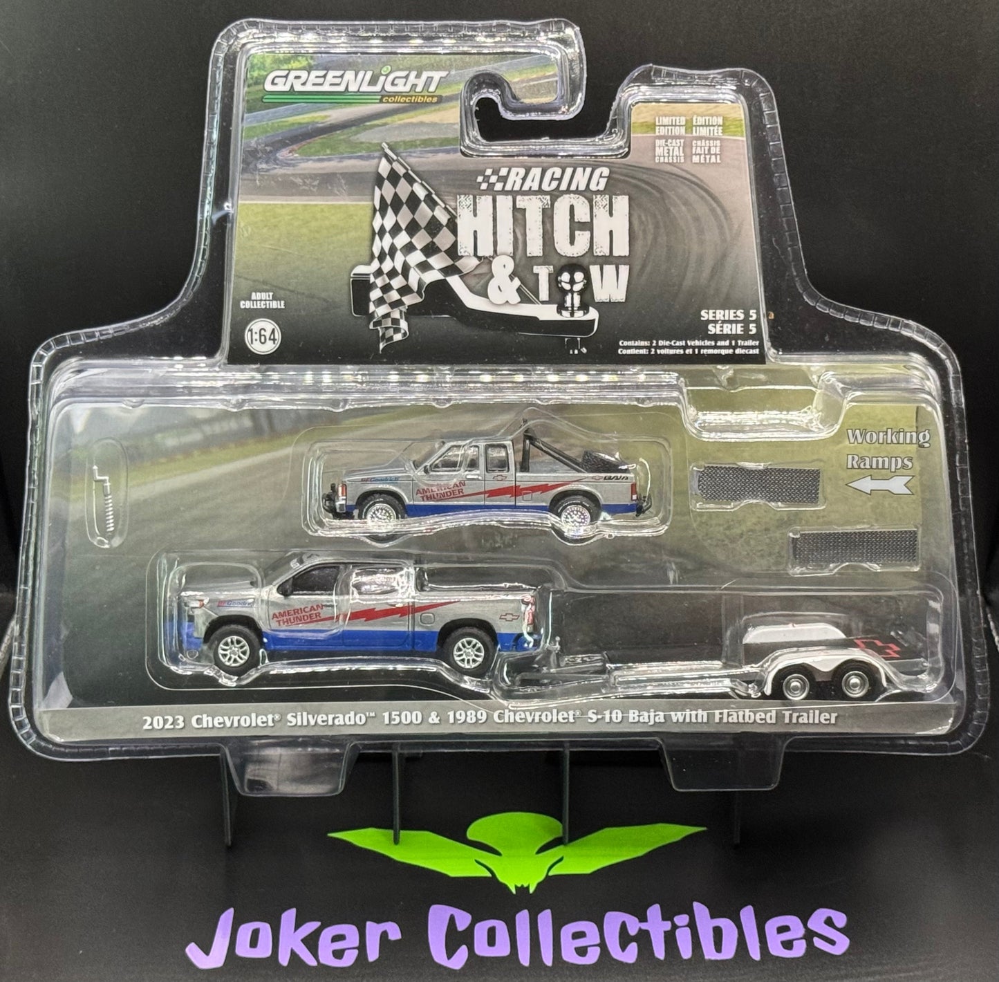 Greenlight Series 5 Racing Hitch & Tow Raw Chase 2023 Chevrolet Silverado 1500 & 1989 S-10 Baja with Flatbed Trailer American Thunder