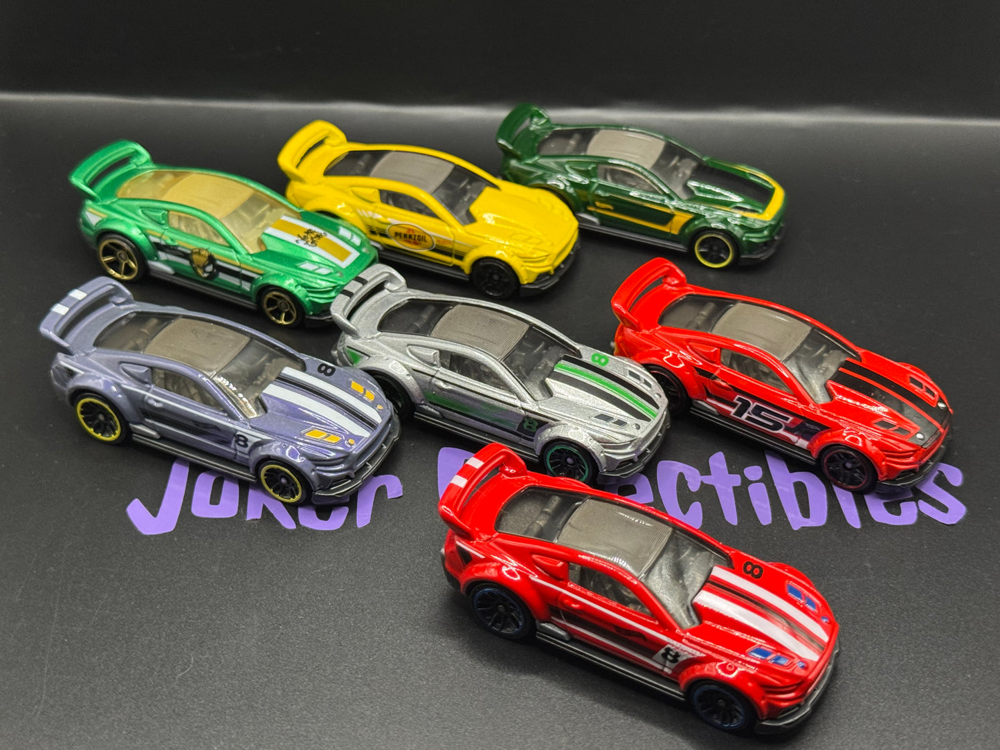 Loose Lot of 7 Hot Wheels Custom '15 Ford Mustang Green Silver Purple Red Yellow Pennzoil Groot