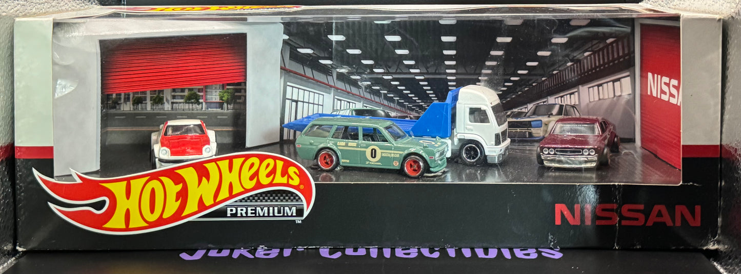 Hot Wheels Premium Diorama Aero Lift, Datsun 510 Wagon, Nissan Fairlady Z, & Nissan Laurel 2000 SGX