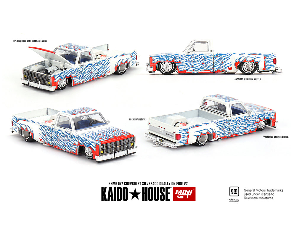 New Open Box Kaido House Chevrolet Silverado Dually on Fire V2 White Flames KHMG157