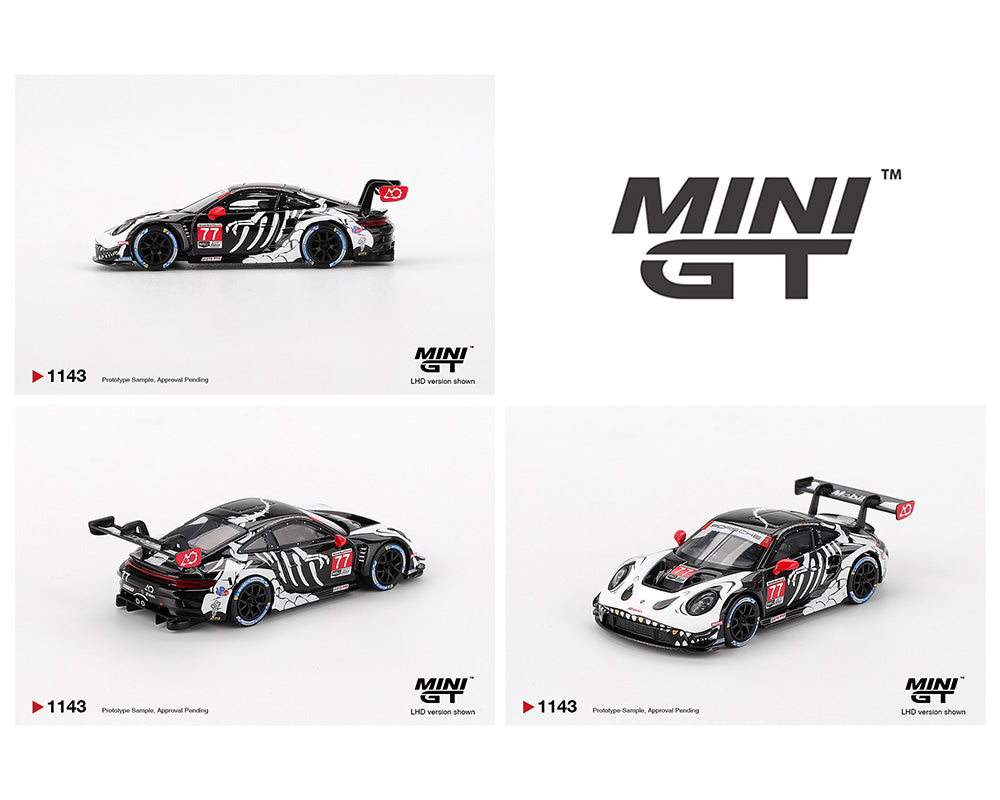 Mini GT #1143 Porsche 911 GT3 R #77 AO Racing 2025 IMSA Petit Le Mans Skeleton Rexy