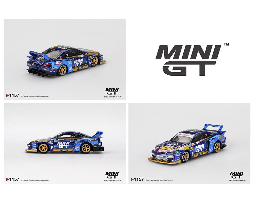 Mini GT #1157 Nissan LB-Super Silhouette S15 SILVIA #555 Team MINI GT Liberty Walk 2025 Formula Drift Chrome Blue