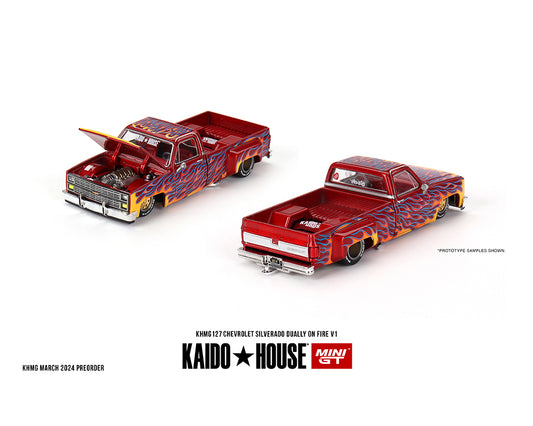 Kaido House x Mini GT 1:64 Red with Flames Chevrolet Silverado Dually on Fire V1 KHMG127 Preorder