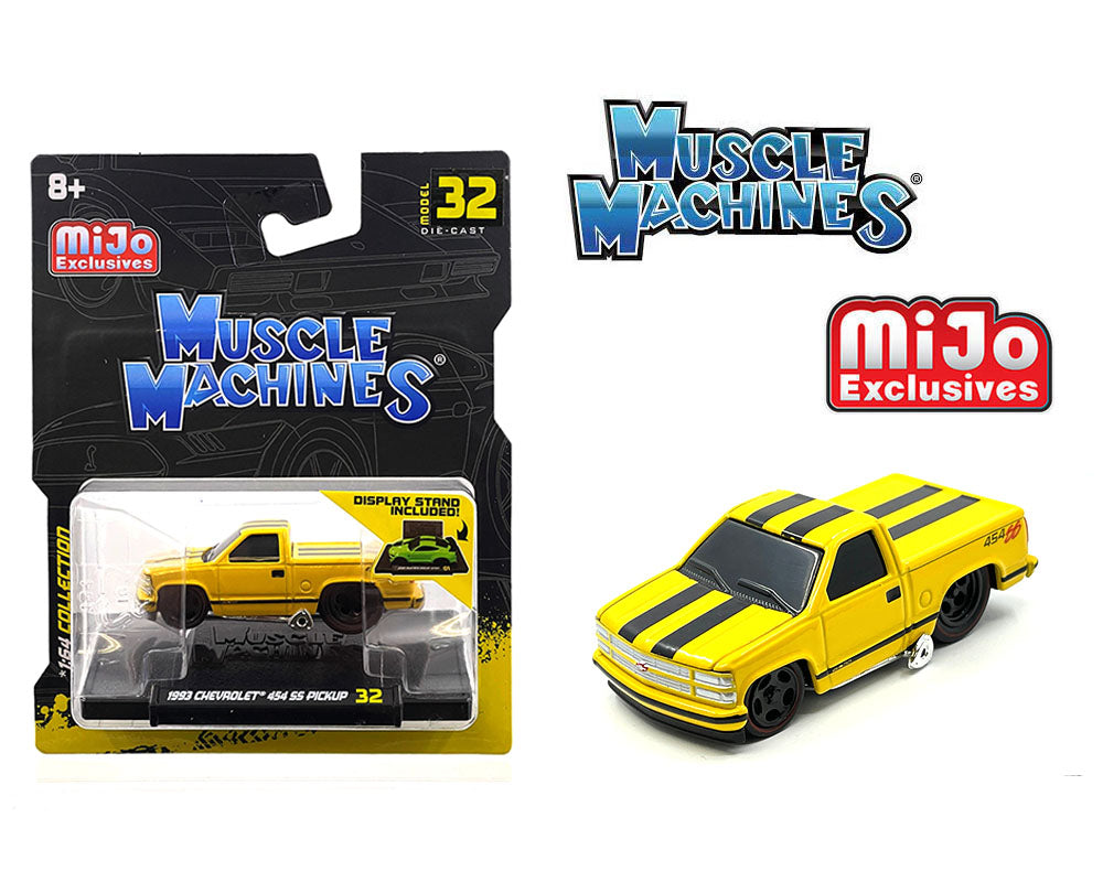 Maisto Muscle Machines 1:64 1993 Chevrolet 454 SS Pickup Truck #32 Yellow with Black Stripes Mijo Exclusives