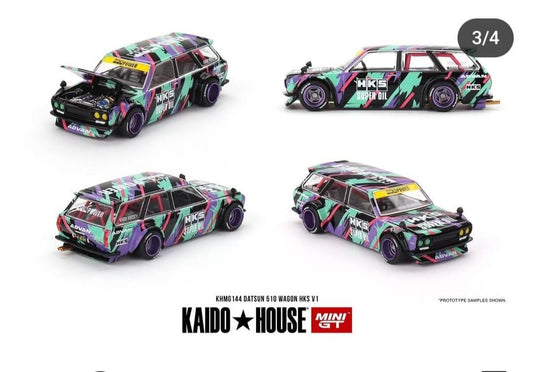 Kaido House x Mini GT 1:64 Datsun KAIDO 510 Wagon HKS V1 Oil Splash Pattern KHMG144 Preorder
