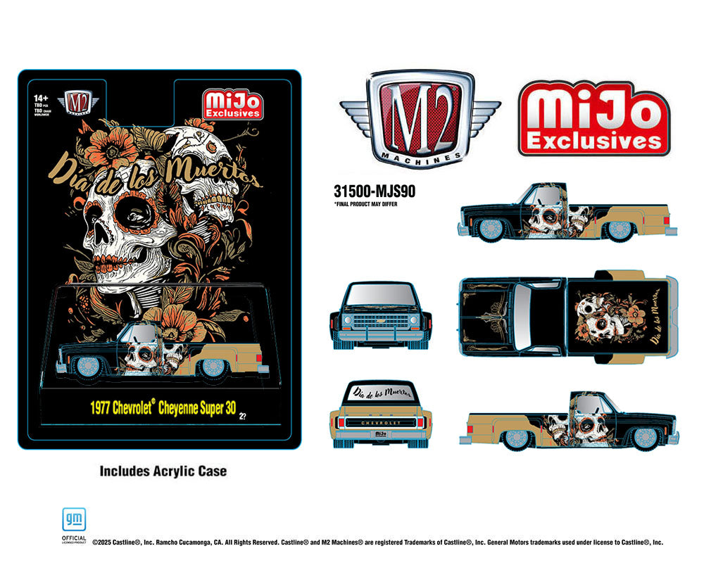 M2 Machines 1977 Chevrolet Cheyenne Super 30 “Dia De Los Muertos” 2025 Black Gold MJS90 Preorder