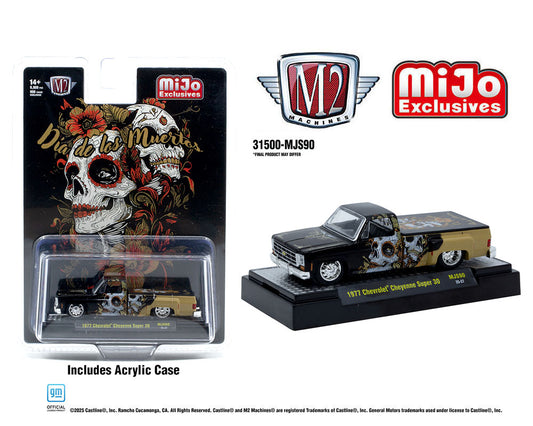M2 Machines 1977 Chevrolet Cheyenne Super 30 Dia De Los Muertos 2025 Black Gold MJS90 25-27