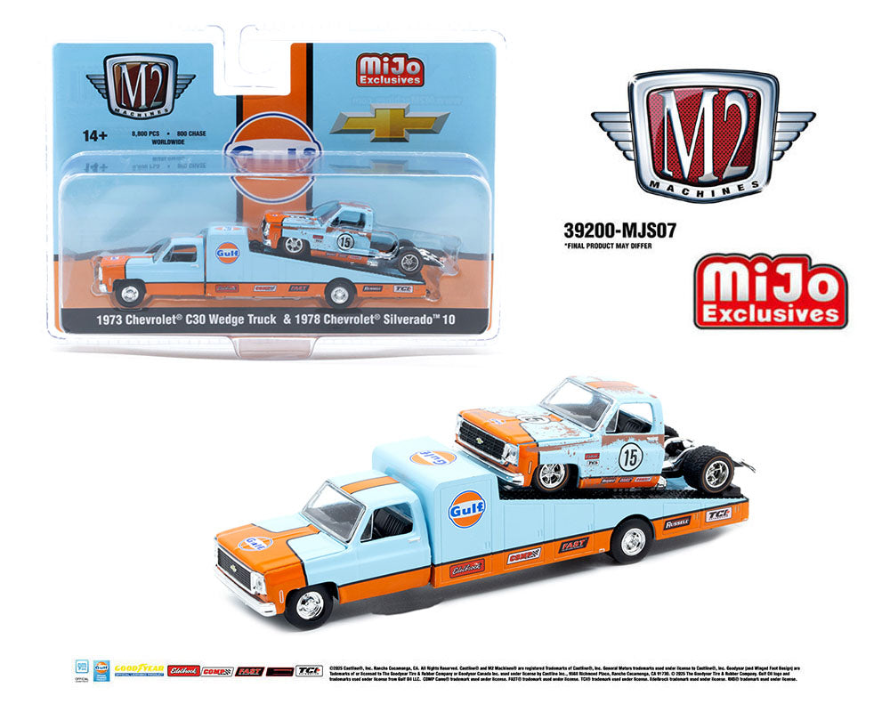 M2 Machines Gulf 1973 Chevrolet C30 Wedge Truck & 1978 Silverado 10 Bedless MJS07