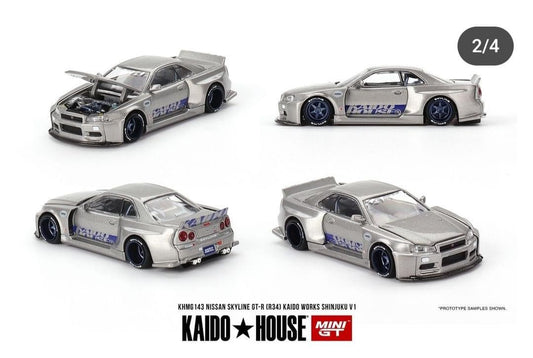 Kaido House x Mini GT 1:64 Nissan Skyline GT-R (R34) Kaido Works SHINJUKU V1 Silver KHMG143 Preorder