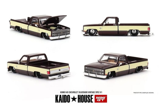 Kaido House x Mini GT 1:64 Chevrolet Silverado KAIDO Vintage Spec V1 Two-Tone Brown Cream KHMG145 Preorder