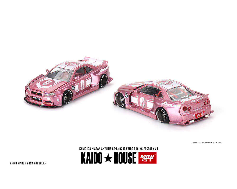 Kaido House x Mini GT 1:64 Pink Nissan Skyline GT-R (R34) Kaido Racing Factory V1 KHMG128 Preorder