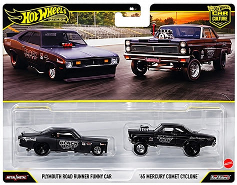 Hot Wheels Premium Car Culture 2 Pack Black Hole Plymouth Road Runner Funny Car & '65 Mercury Comet Cyclone