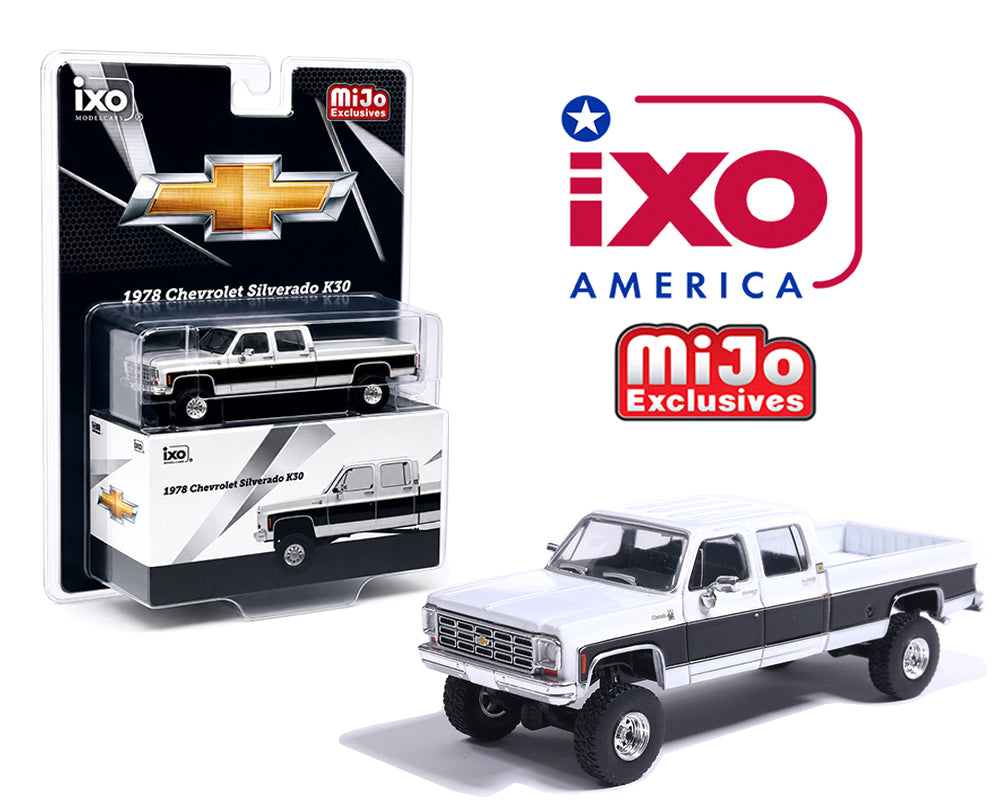 IXO Models 1978 Chevrolet Silverado K30 Crew Cab Fleetside Lifted White Black Two Tone
