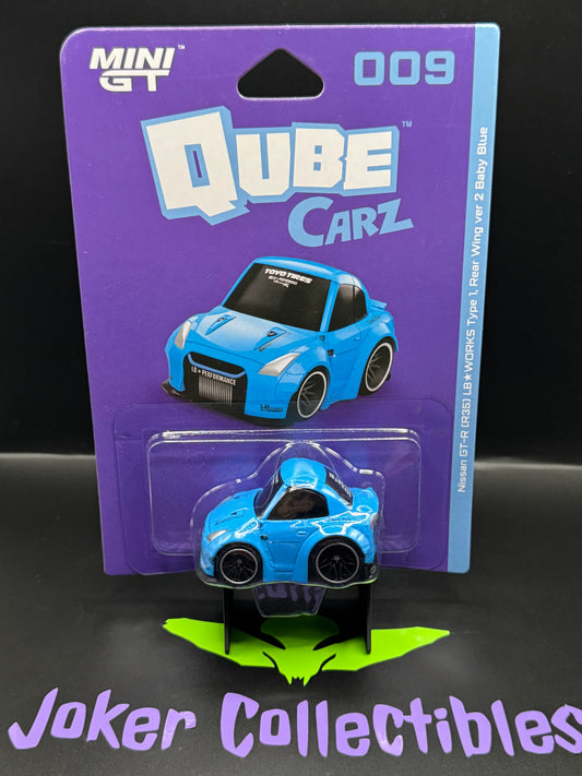 Mini GT Qube Carz Series 2 Liberty Walk 2007 Nissan GT-R R35 LB WORKS Type 1 Rear Wing ver 2 Baby Blue 009