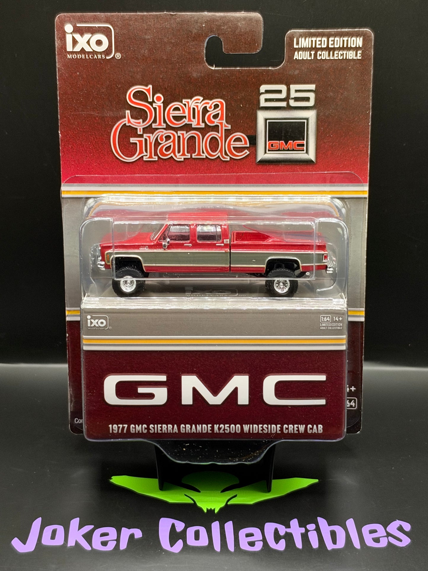 IXO Model 1977 GMC Sierra Grande K2500 Crew Cab Wideside Dark Red Metallic and Silver Special Two-Tone Lifted