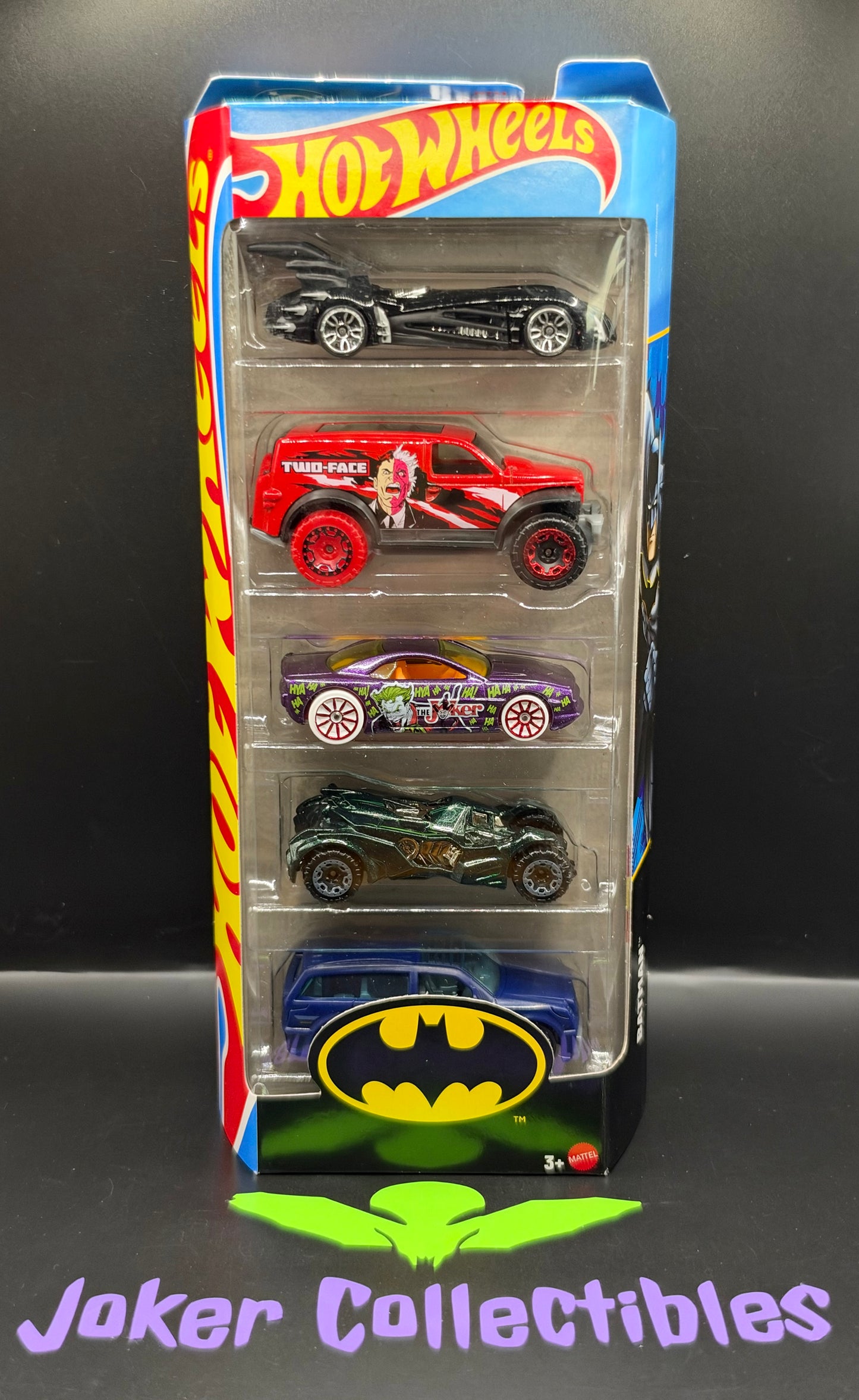 Hot Wheels 5 Pack 2027 Batman Mix 2 Batman & Robin, Arkham Knight Batmobile, Boom Box, Power Panel, & Muscle Tone