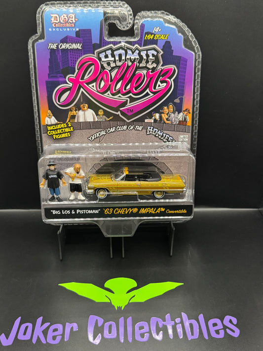 Greenlight x DGA Homie Rollerz Chase Green Machine 1963 Chevrolet Impala SS Convertible Big Los & Pistoman (Copy)