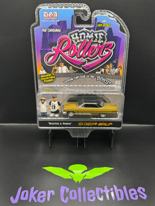 Greenlight x DGA Homie Rollerz Chase Green Machine 1963 Chevrolet Impala SS Hard Top Bigotes & Panda