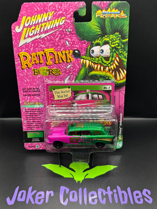 Johnny Lightning Street Freaks Rat Fink 1957 Chevy Ambulance Fink Green an Hot Pink #2