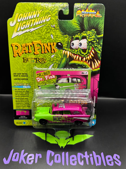 Johnny Lightning Street Freaks Rat Fink 1957 Chevy Ambulance Fink Pink and Slime Green #2