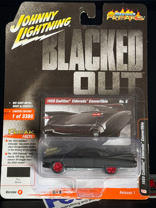 Johnny Lightning Blacked Out Street Freaks 1959 Cadillac Eldorado Convertible Flat Black