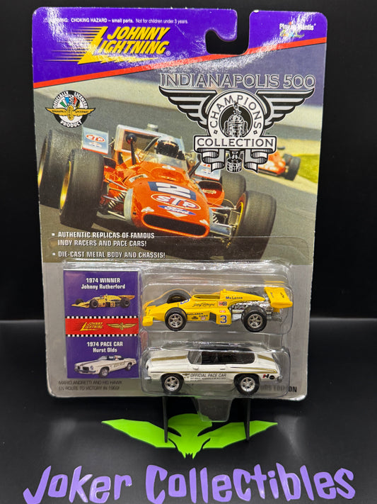 Johnny Lightning Indianapolis 500 Champions Collection Yellow McLaren 1974 Winner Johnny Rutherford and 1974 Pace Car Hurst Olds